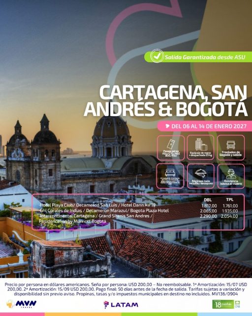 Flyer del viaje a Cartagena, San Andrés y Bogotá