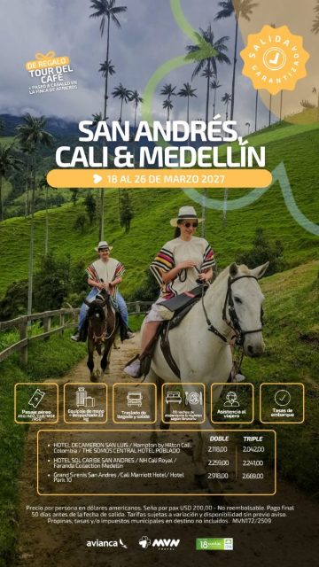 Flyer del viaje a San Andrés, Cali y Medellín